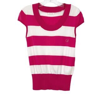 NWOT BOUDOIR Top~S Hot-Pink White Stripe Silver-Glitter-Logo Short-Sleeve Knit